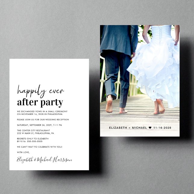 Minimal moderne Foto Hochzeitsempfang Einladung (An chic Happily Ever After Party invitation for your wedding celebration)