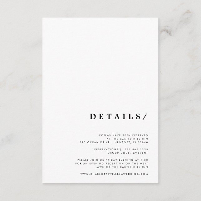 Minimal moderne klassische Typografie-Hochzeitdeta Begleitkarte (Vorderseite)