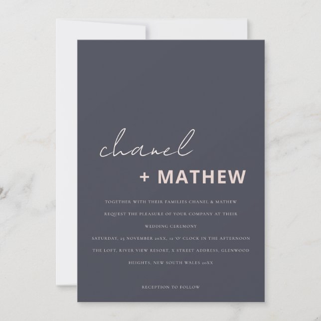 Minimal moderne Navy Blush Black Script Hochzeit Einladung (Vorderseite)