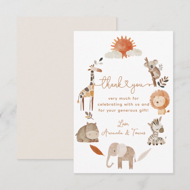 Minimal moderne, neutrale Safari-TierBaby-Dusche Dankeskarte (Vorne/Hinten)