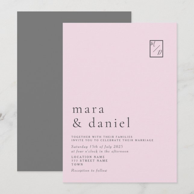 Minimal moderne rosa Hochzeitsfeier Einladung (Vorne/Hinten)