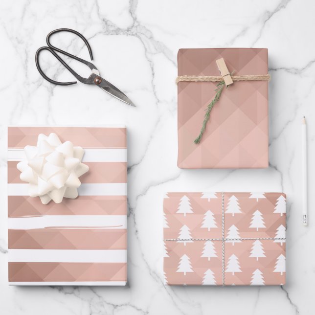 Minimal moderne rosa Streifen xmas Baum  Geschenkpapier Set (Vorderseite)