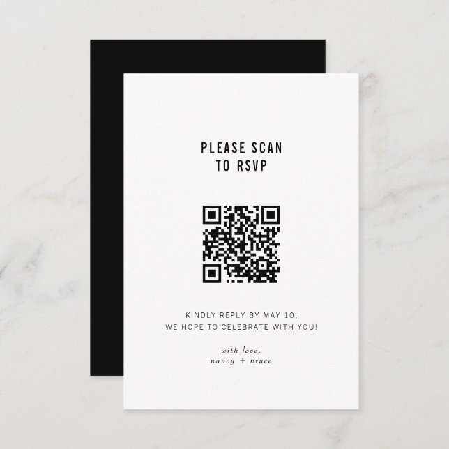 Minimal moderne Schwarz-weiße QR-Code-Hochzeit RSVP Karte (Vorne/Hinten)