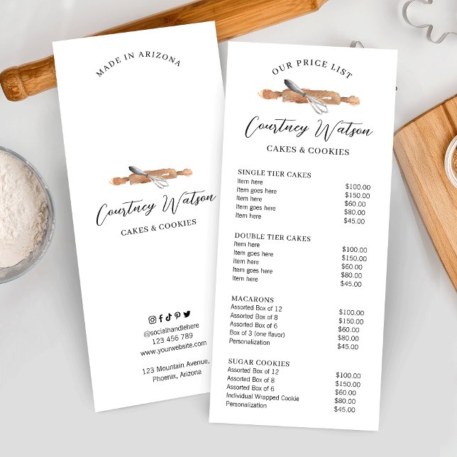 Minimal moderne Wasserfarbenkuchen Konditorei Prei Werbekarte (Elegant pastry chef price list with watercolor bakery art, great for chefs, caterers and bakers)