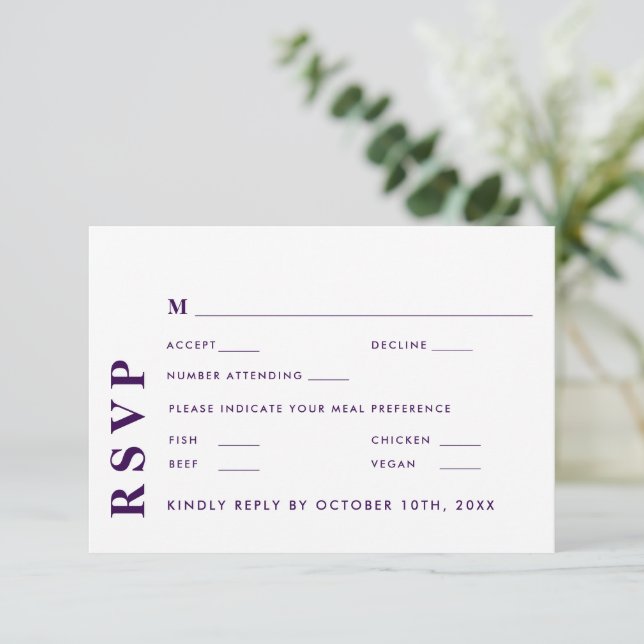 Minimal moderne Weiß & Lila Hochzeit Elegant RSVP Karte (Stehend Vorderseite)