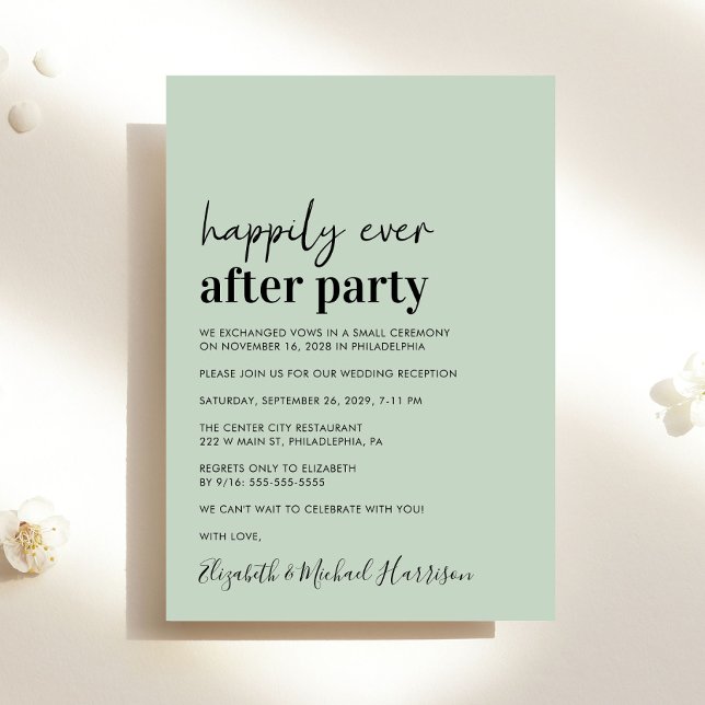 Minimal moderne, weiße Hochzeitsempfehlung Ankündigung (An chic Happily Ever After Party invitation for your wedding celebration)