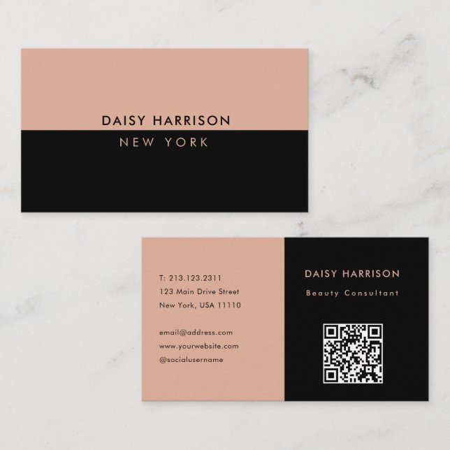 Minimal moderner einfacher QR Code Schwarz & Rosa Visitenkarte (Vorne/Hinten)