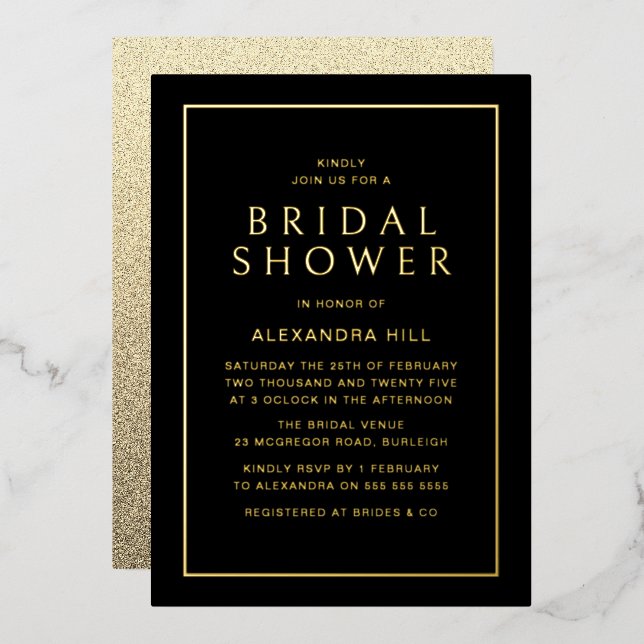 Minimal Modernes Black & Gold Brautparty Golden Folieneinladung (Vorderseite/Rückseite)
