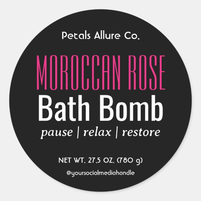 Minimal modernes Black Pink Bath Bomb Round Label Runder Aufkleber (Vorderseite)