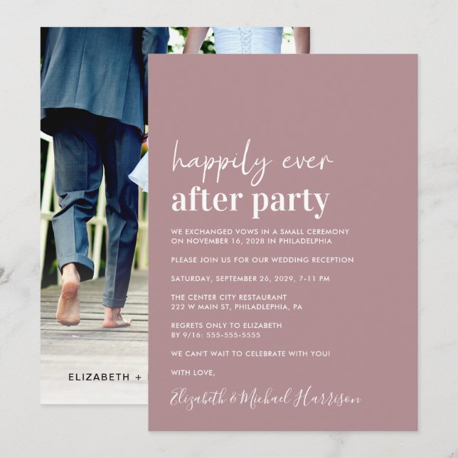 Minimal Modernes Foto Dusty Rose Hochzeitsempfang Ankündigung (Vorne/Hinten)