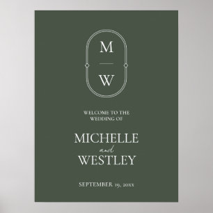 Minimal Mongram Moss Green Wedding Willkommenszeic Poster