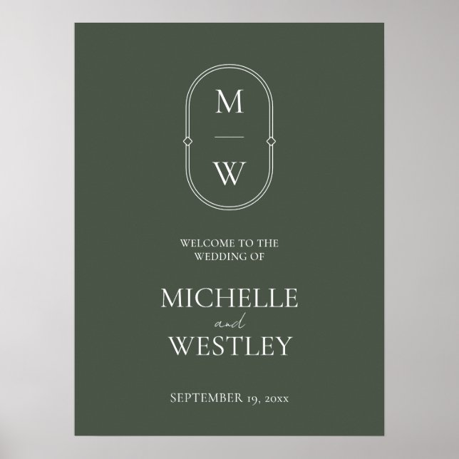 Minimal Mongram Moss Green Wedding Willkommenszeic Poster (Vorne)