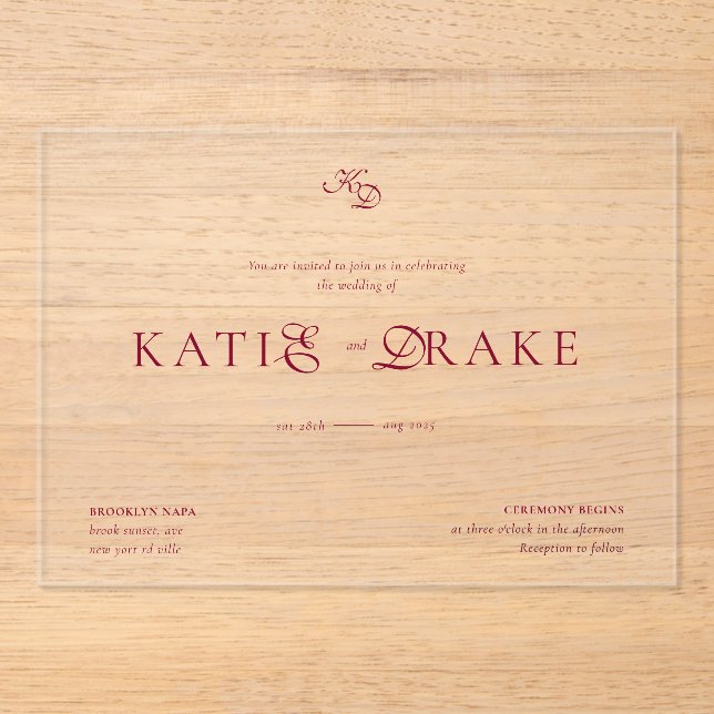 Minimal Monogram Deep Burgundy Script Wedding Acryleinladungen (Vorderseite)