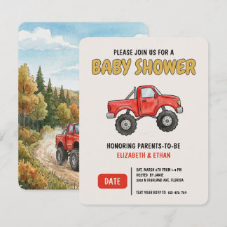 Minimal Monster Truck Red Baby Shower Einladung