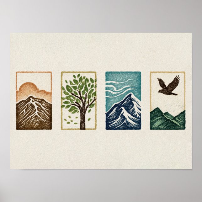 Minimal Nature Set – Mountain & Tree Art Poster (Vorne)