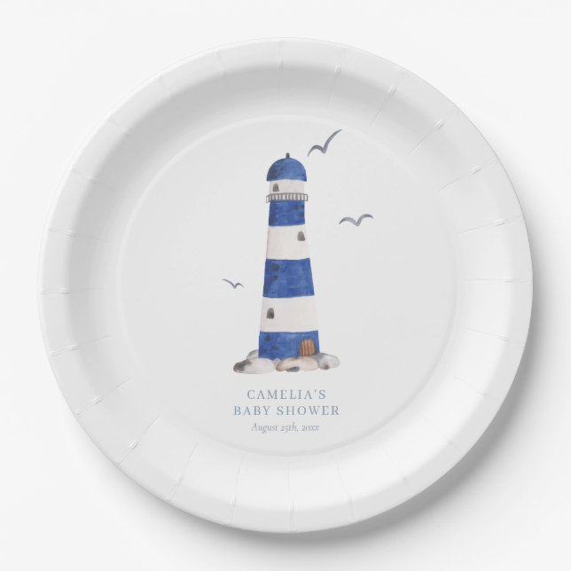 Minimal Nautical Lighthouse Baby Shower Ahoy Boy's Pappteller (Vorderseite)