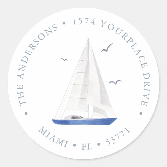 Minimal Nautical Sailboat Navy Blue Adresse Runder Aufkleber (Vorderseite)
