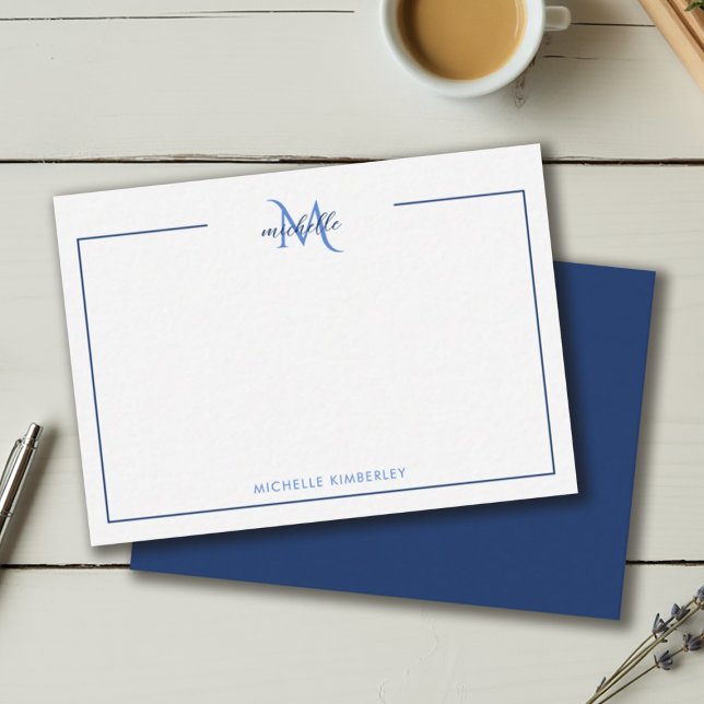 Minimal Navy Blue and White Monogram Mitteilungskarte (Minimal Navy Blue and White Monogram Note Card)