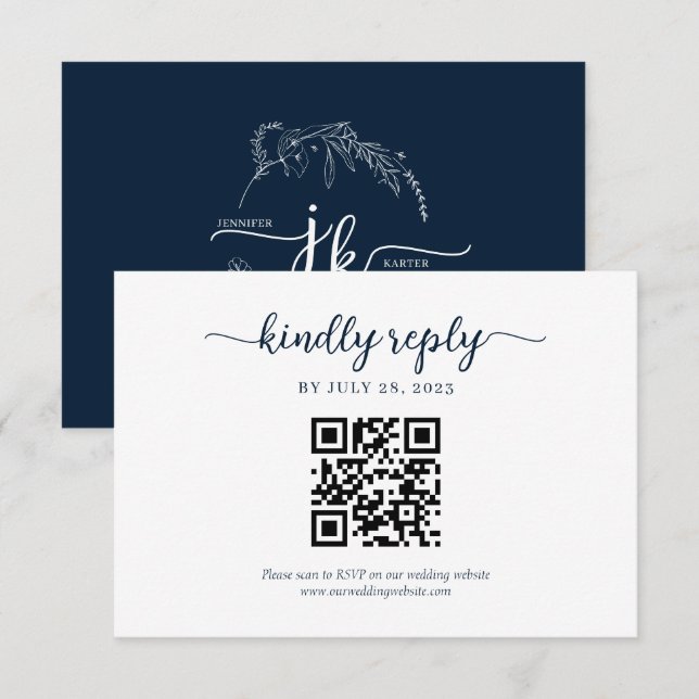 Minimal Navy Blue Floral Monogram QR Code Hochzeit RSVP Karte (Vorne/Hinten)