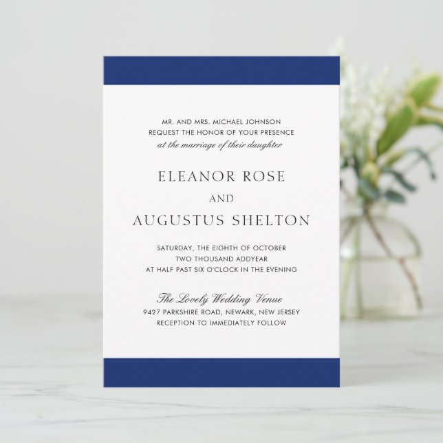 Minimal Navy Blue Modern in einer Hochzeit Einladung (Stehend Vorderseite)