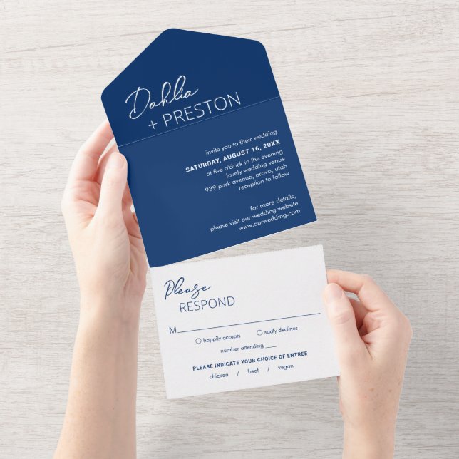 Minimal Navy Blue Moderne Hochzeit All In One Einladung (Abreißen)