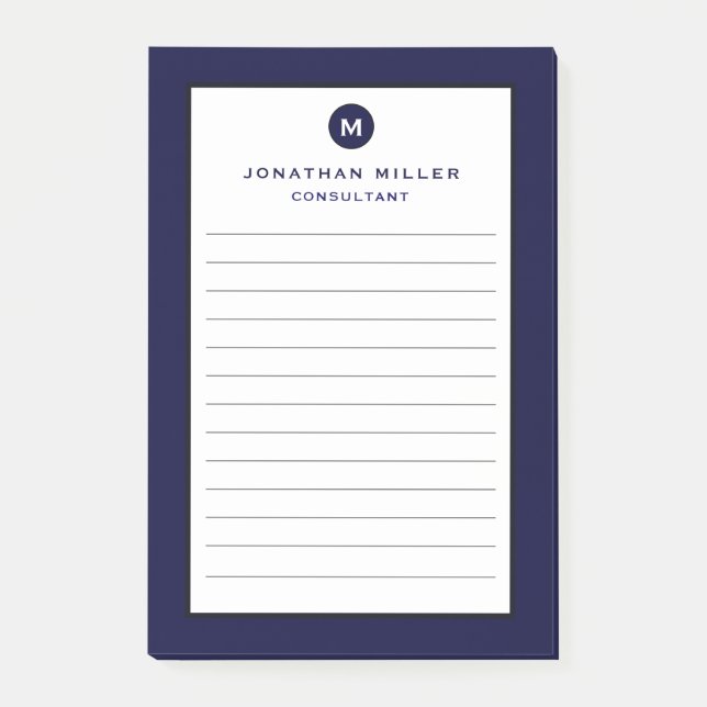 Minimal Navy Blue Monogram Lined Post-it Klebezettel (Vorderseite)