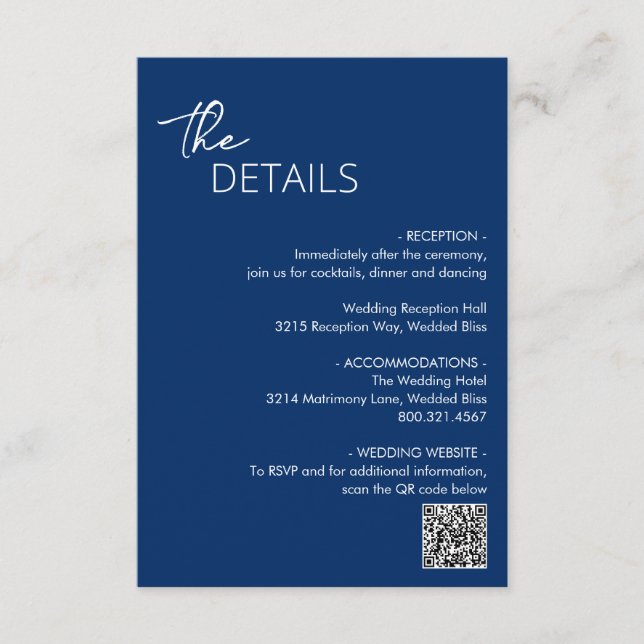 Minimal Navy Blue QR Code Moderne Hochzeit Begleitkarte (Vorderseite)