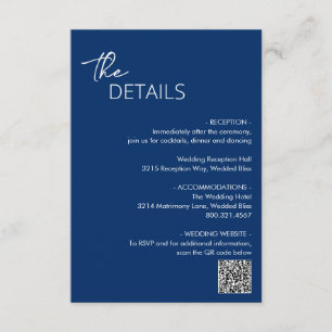 Minimal Navy Blue QR Code Moderne Hochzeit Begleitkarte