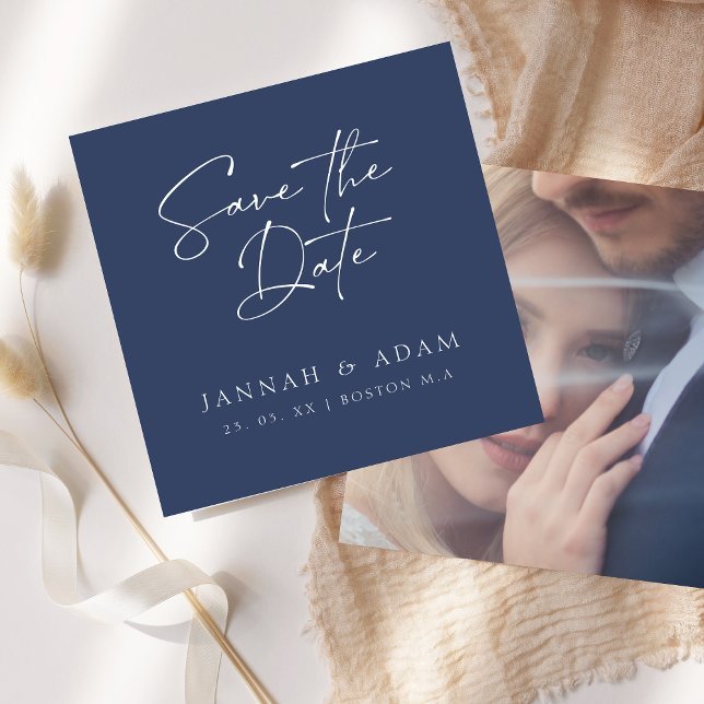 Minimal Navy Blue Script Typografy Foto Hochzeit Save The Date (Von Creator hochgeladen)