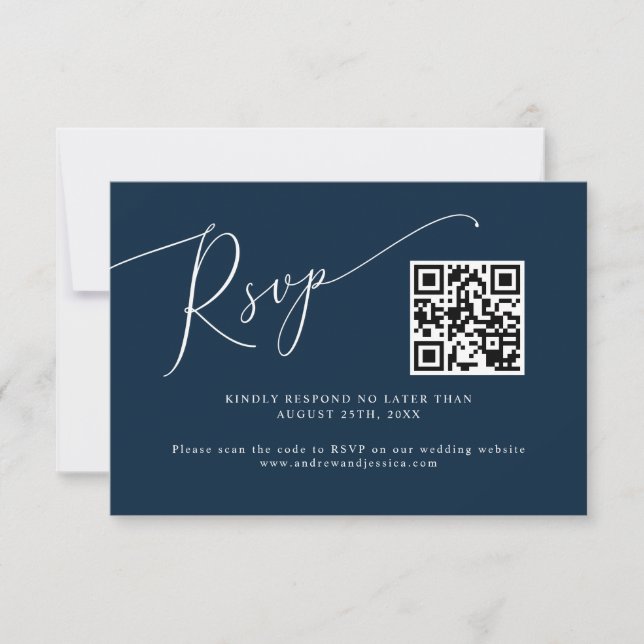 Minimal Navy Blue Wedding QR Code RSVP Karte (Vorderseite)