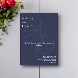 Minimal Navy Blue White Monogram Elegant Wedding Einladung