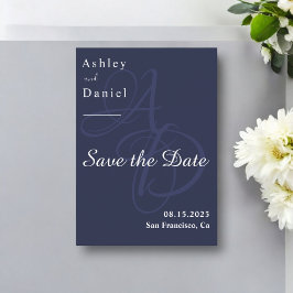 Minimal Navy Blue White Monogram Elegant Wedding Save The Date
