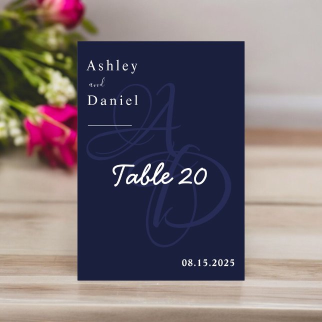 Minimal Navy Blue White Monogram Elegant Wedding Tischnummer (Von Creator hochgeladen)