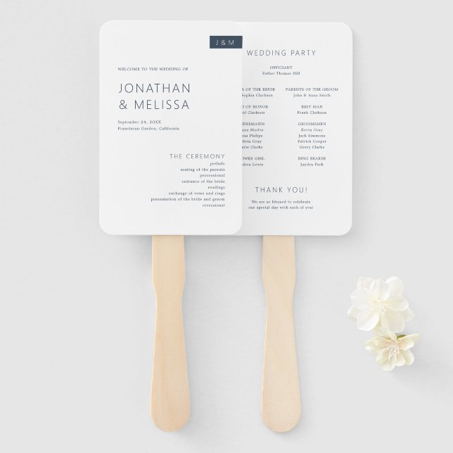Minimal Navy Blue & White Monogram Wedding Program Fächer (Vorne und Hinten)