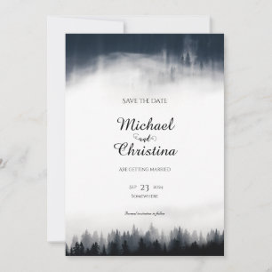 Minimal neblig Fichtenwald Naturhochzeit Save The Date
