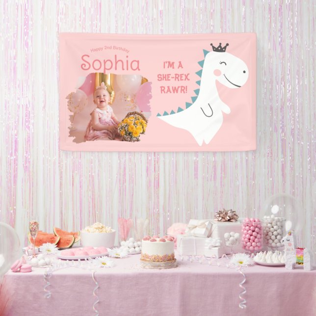 Minimal Niedlich Girly Blush Pink Foto Dino Geburt Banner (Party)