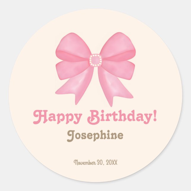 Minimal Niedlich Pink Bow Happy Birthday Runder Aufkleber (Vorderseite)