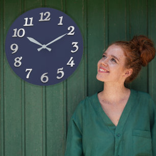 Minimal Numbers Gray Grey Elegant Blue Navy Große Wanduhr