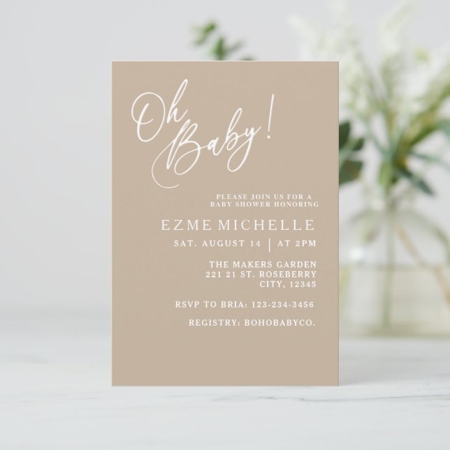 Minimal Oh Baby, neutrale Babydusche Einladung (Stehend Vorderseite)