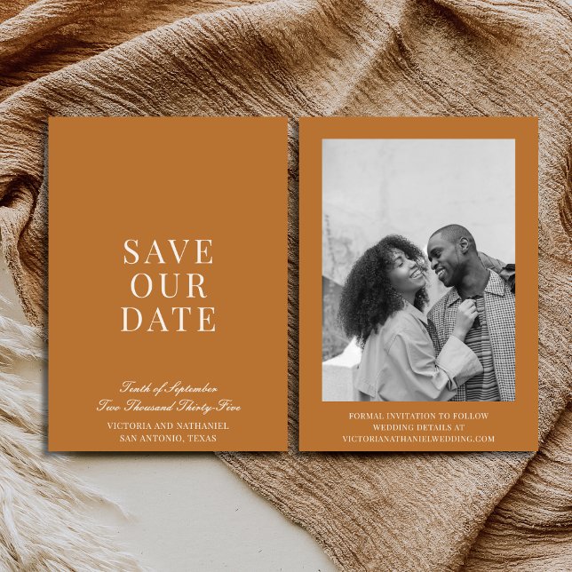 Minimal Old Money Copper Light Brown Photo Wedding Save The Date (Von Creator hochgeladen)