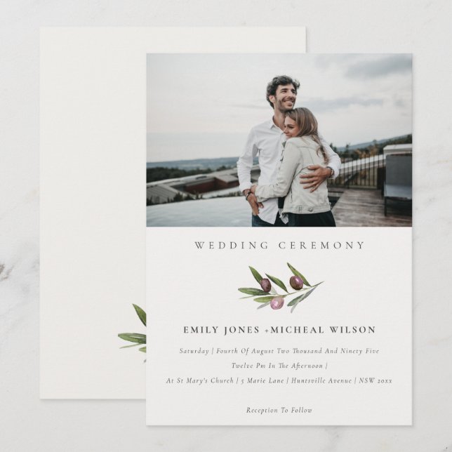 Minimal Olive Branch Foliage Foto Hochzeit einlade Dankeskarte (Vorne/Hinten)