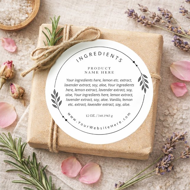 Minimal Olive Branch Wreath Ingredients Label Runder Aufkleber (Minimal Olive Branch Wreath Ingredients Label)