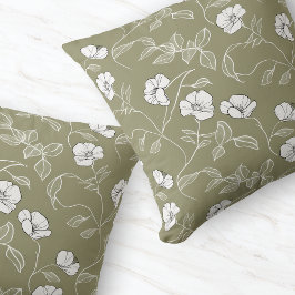 Minimal Olive Green Floral Line Weiße Blume Kissen