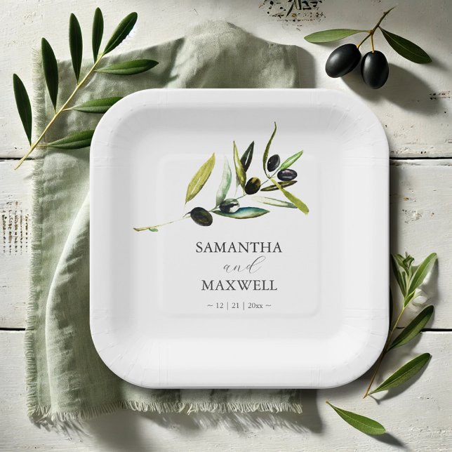 Minimal Olive Paper Teller Botanische Vegetation (Paper plates weddings watercolor olive branch art by Victoria Grigaliunas Do Tell A Belle)