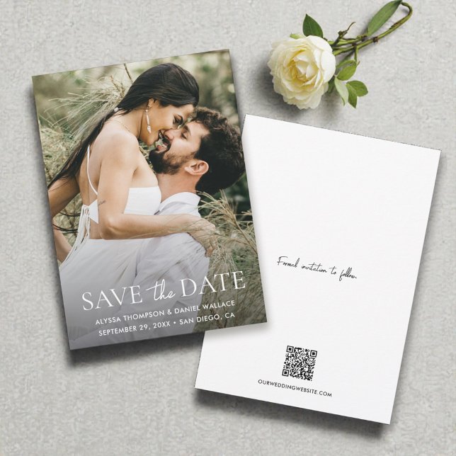 Minimal One Foto Moderne QR Code Hochzeitswebsite Save The Date (Simple, modern wedding, photo save the date with QR code and website cards.)