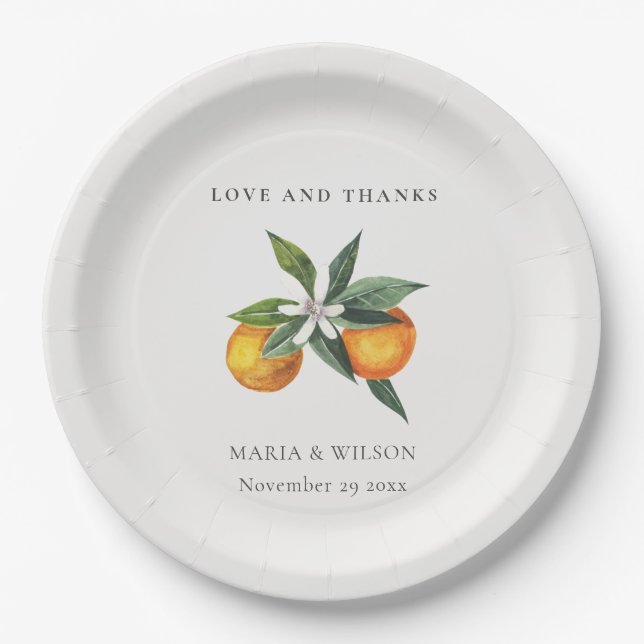 Minimal Orange Botanical Boho Liebe Dank Hochzeit Pappteller (Vorderseite)