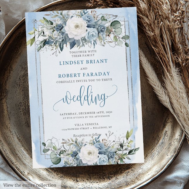 Minimal Pastel Blue White Silver Peonies Wedding Einladung (Minimal Pastel Blue White Silver Peonies Wedding Invitation)