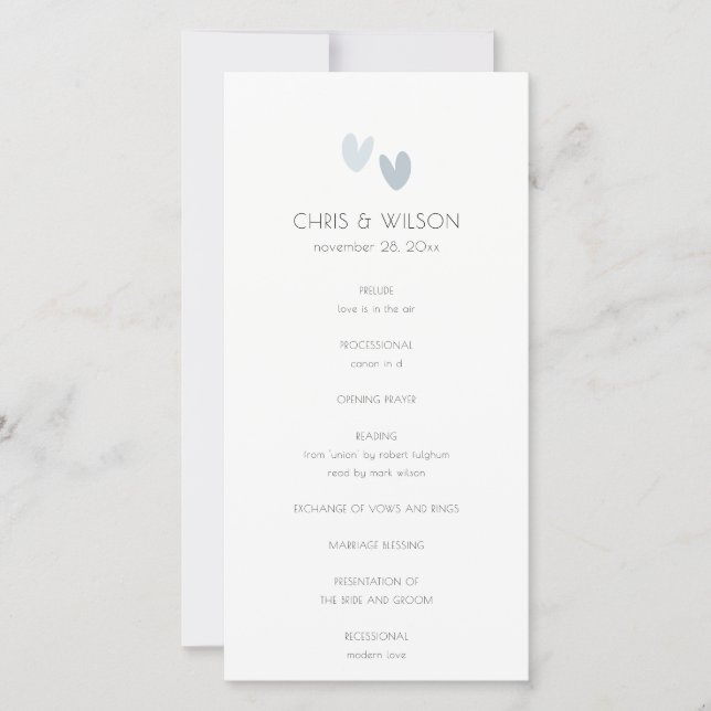 Minimal Pastel Dusky Blue Hearts Wedding Programm (Vorderseite)