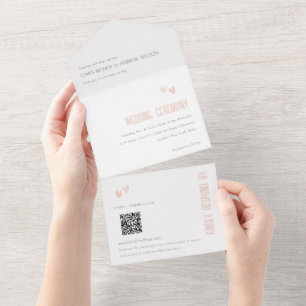 Minimal Pastel Dusky Pink Hearts Wedding QR Code All In One Einladung