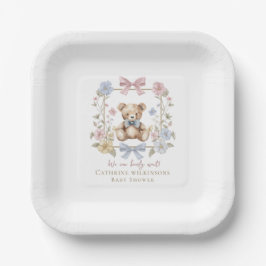 Minimal Pastel Floral Teddy Bear Baby Shower Pappteller